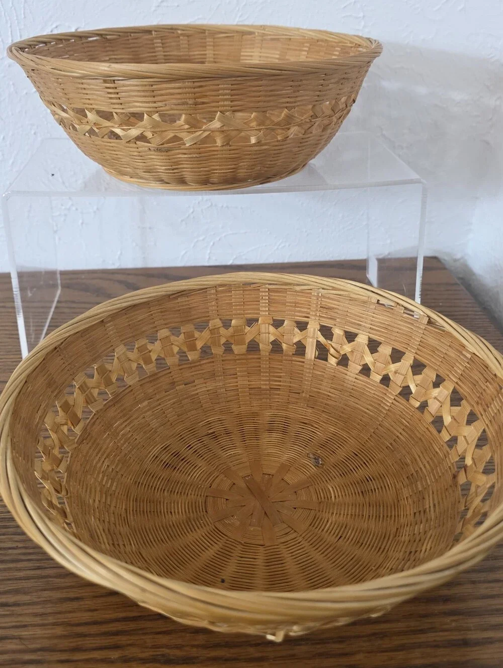 Vintage 1970s Woven Bamboo Basket Bowls Made in PRC Matching Set of Two 9 Inch